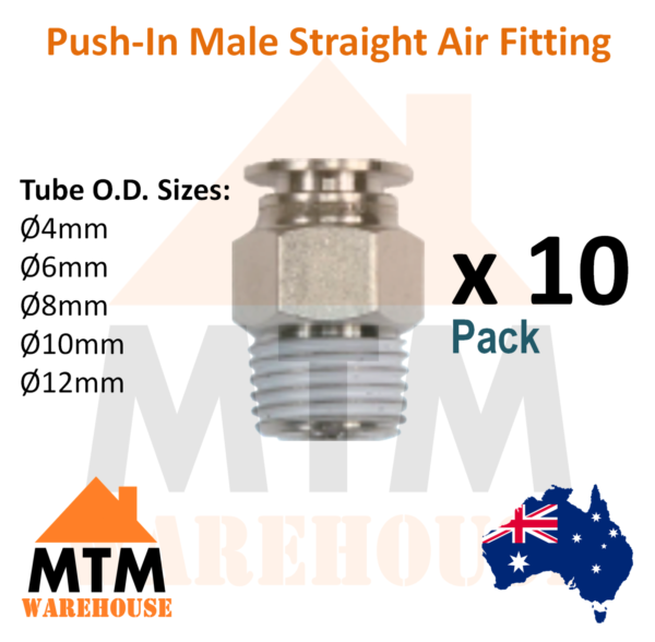 10 x Push in Air Fitting Hose Male Straight 4mm to 12mm Outer Diameter Pack - Image 2