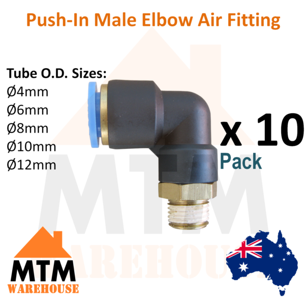 10 x Push in Air Fitting Male Elbow 4mm to 12mm Outer Diameter Pneumatic Pack - Image 2