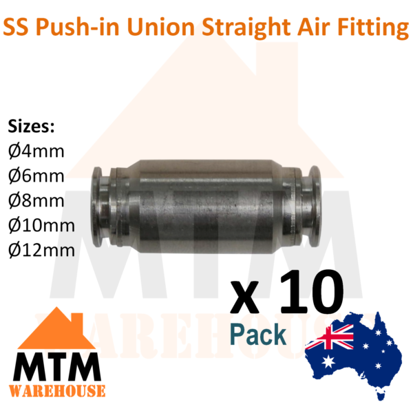 10 x SS Push in Air Fitting Equal Union Straight Stainless Steel Pneumatic Pack - Image 2