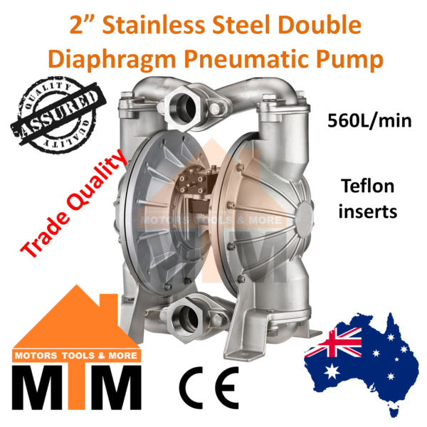 2" Stainless Steel SS Double Diaphragm (Teflon) Air Pneumatic Pump 560 LPM PTFE - Image 2