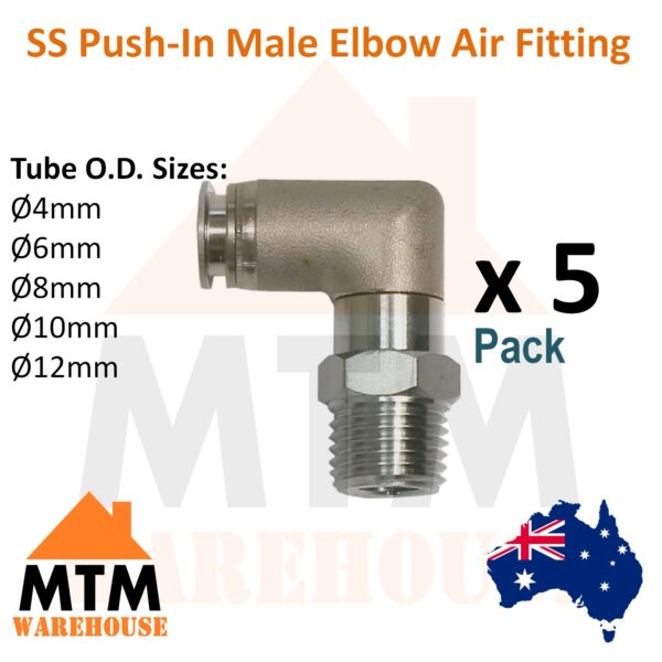 5 x SS Push in Air Fitting Male Elbow Stainless Steel Pneumatic System Five Pack - Image 2