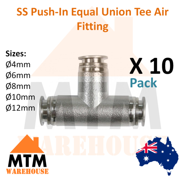 10 x SS Push in Air Fitting Equal Union Tee T Stainless Steel Pneumatic Ten Pack - Image 2